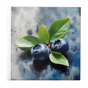 Painting of two blueberries with green leaves tile