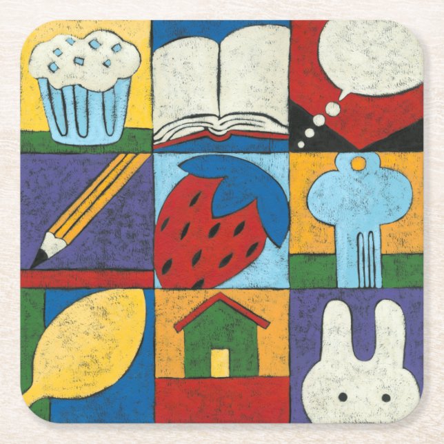 Painting of Various Objects by Chariklia Zarris Square Paper Coaster (Front)