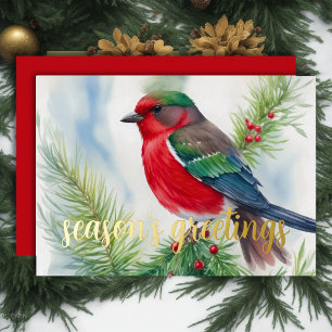 Painting of Winter Bird Red Green Foil Holiday Card
