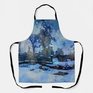 Painting of winter night in city park apron