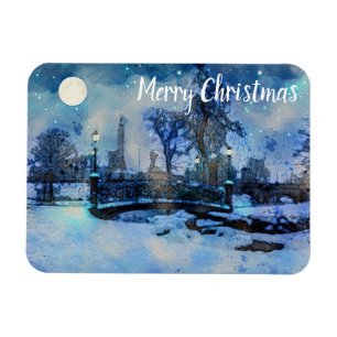 Painting of winter night in city park magnet