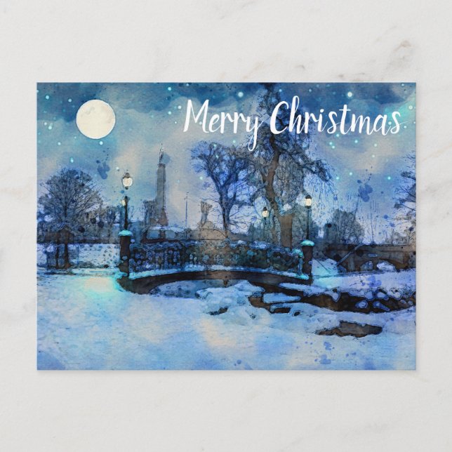 Painting of winter night in city park postcard (Front)