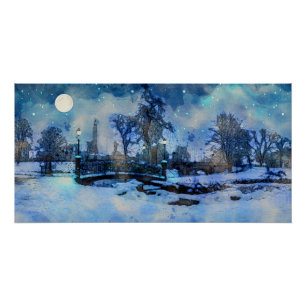Painting of winter night in city park poster