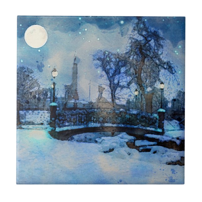 Painting of winter night in city park tile (Front)
