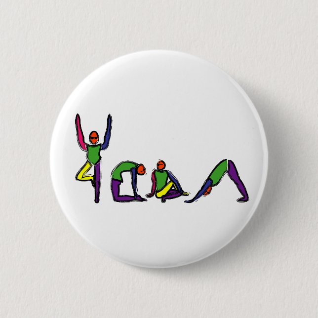 Painting of yoga poses spelling YOGA. 2 Inch Round Button (Front)