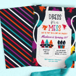 Painting Party Craft Art Kids Birthday Invitation<br><div class="desc">Painting Party Craft Art Kids Birthday Invitation. This design features a painting apron with paint splatter,  crayons,  and paint brushes.. Bright rainbow neon colours really stand out against the dark navy blue background. Rainbow stripes on the back. Personalize this custom invite design with your own art party details.</div>