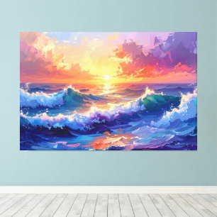 Painting waves at sunset sunrise 001 canvas print