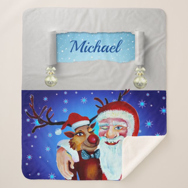 Painting with Smiling Rudolf  and Santa Claus Sherpa Blanket (Front)