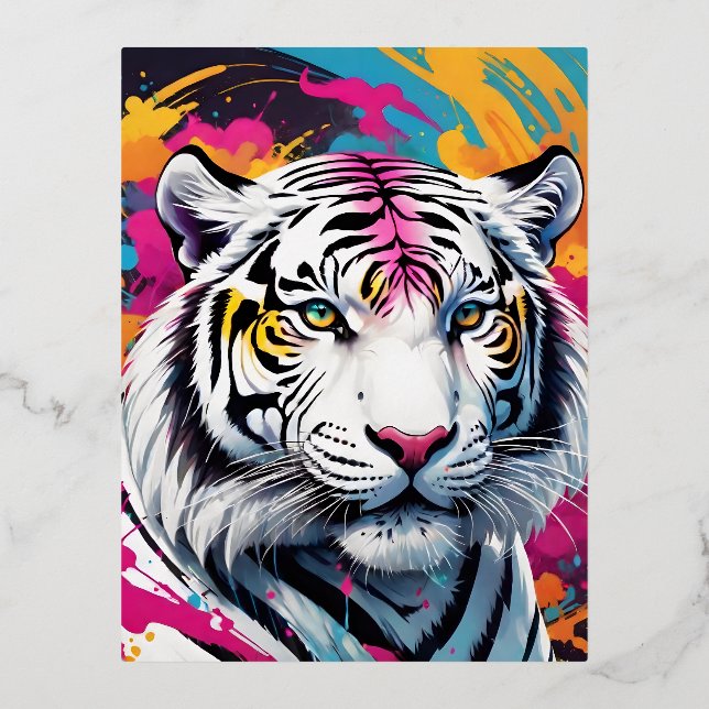 Paints explosion of colours white tigers man head  foil holiday postcard (Front)