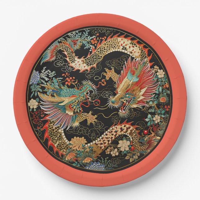 Pair of Asian Dragons Paper Plate (Front)