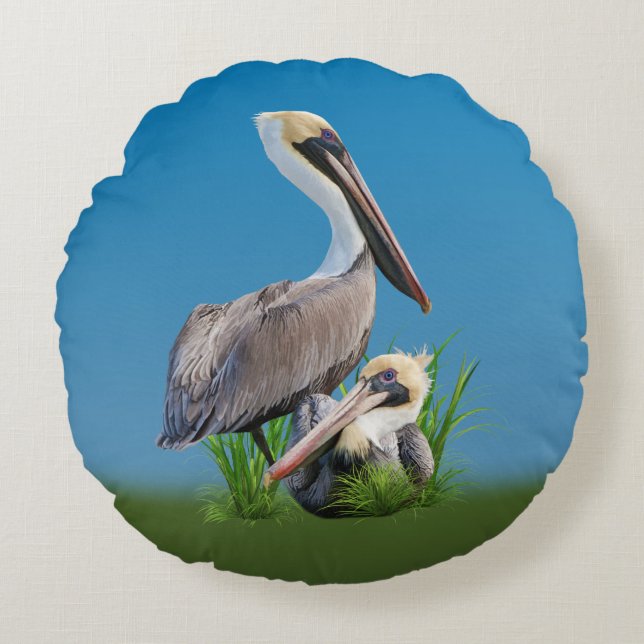 Pair of Brown Pelicans Customizable Round Pillow (Front)
