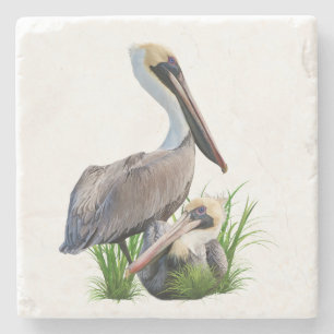 Pair of Brown Pelicans Customizable Stone Coaster