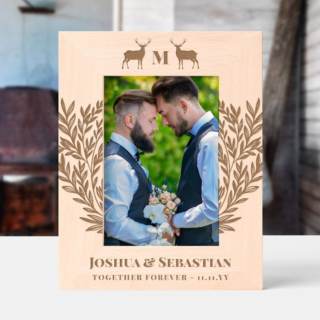Pair of Bucks Greenery LGBT Husbands Monogram Etched Frames (Creator Uploaded)