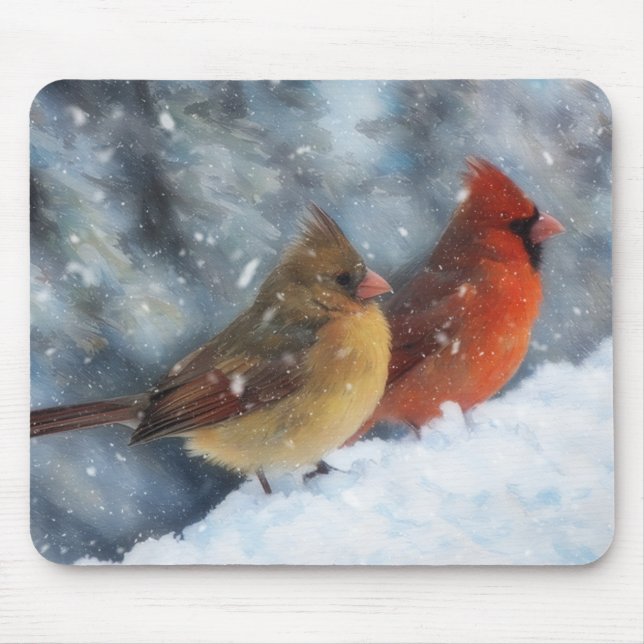 Pair of Cardinal Birds Couple Winter Art Mousepad (Front)