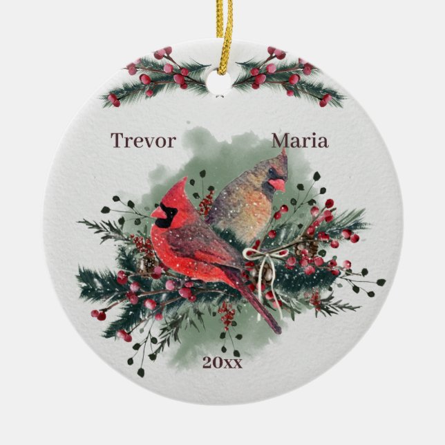 Pair of Cardinals 1st Christmas Together Ceramic Ornament (Front)