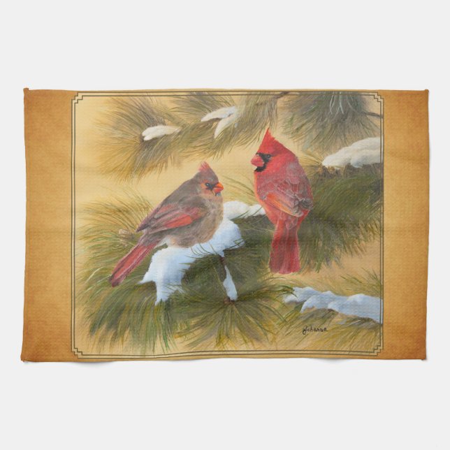Pair of cardinals kitchen towel (Horizontal)