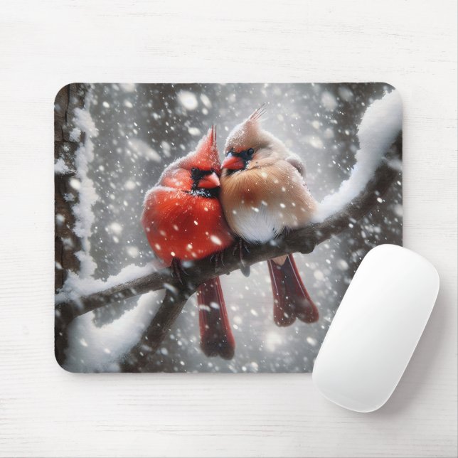 Pair of Cardinals On a Snowy Branch Mouse Pad (With Mouse)