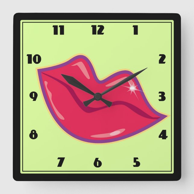 Pair of Cherry Red Lips Square Wall Clock (Front)