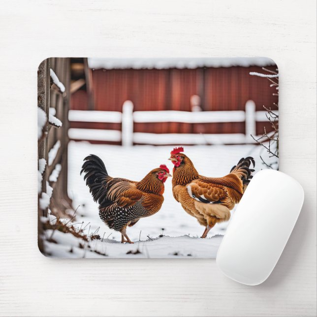 Pair of Chickens In Snow Mouse Pad (With Mouse)