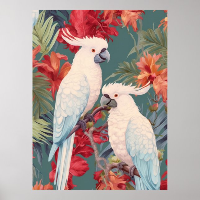 Pair of Cockatoos in a Flowering Tree Poster (Front)