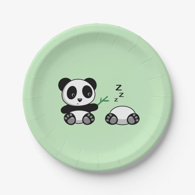 Pair of Cute Little Pandas on Green Paper Plate (Front)