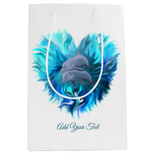 Pair of dolphins , Dolphin Heart , Add Your Text Medium Gift Bag