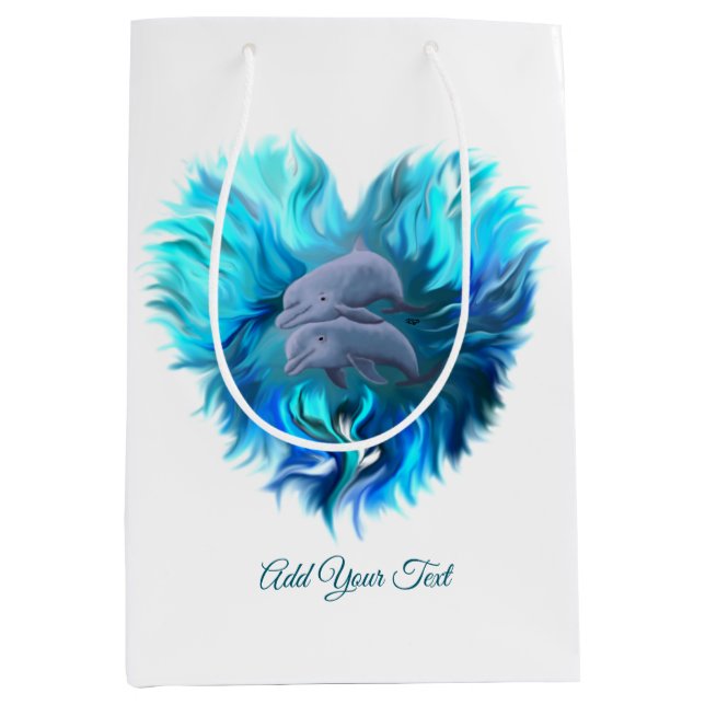 Pair of dolphins , Dolphin Heart , Add Your Text Medium Gift Bag (Front)