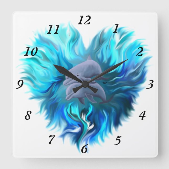 Pair of Dolphins Square Wall Clock (Front)