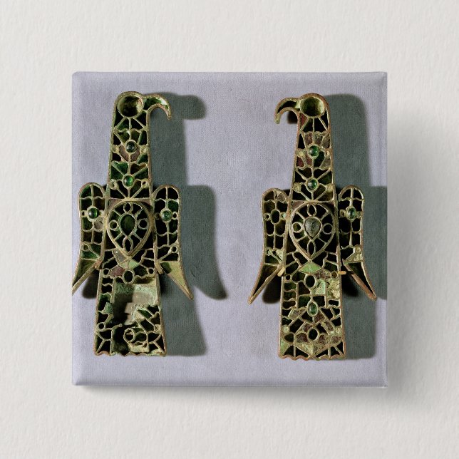 Pair of Eagle-Shaped Brooches (metal and enamel) 2 Inch Square Button (Front)