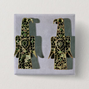 Pair of Eagle-Shaped Brooches (metal and enamel) 2 Inch Square Button