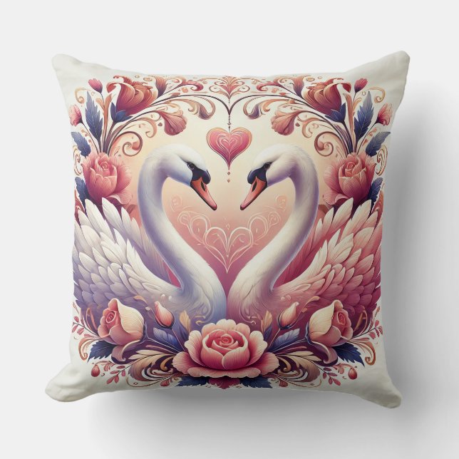 Pair of Elegant Swans Framed by Roses Throw Pillow (Front)