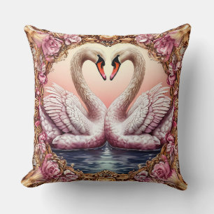 Pair of Elegant Swans Framed by Roses Throw Pillow