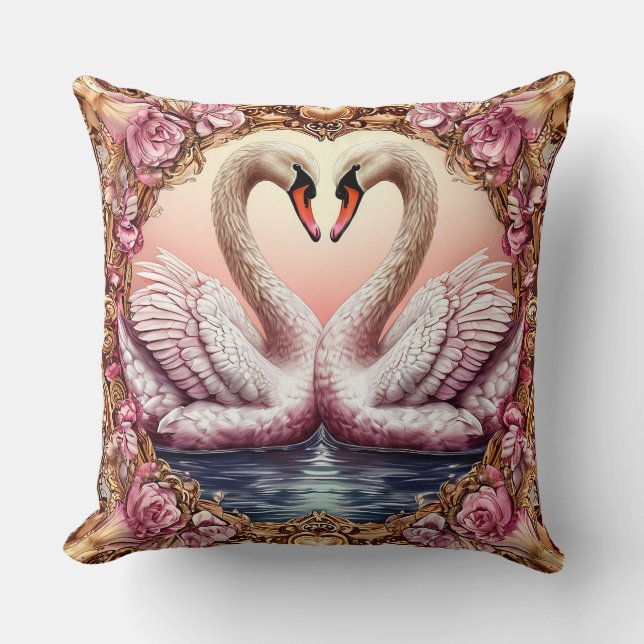 Pair of Elegant Swans Framed by Roses Throw Pillow (Front)
