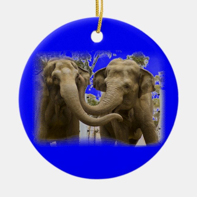 Pair of Elephants Blue Ceramic Ornament (Front)