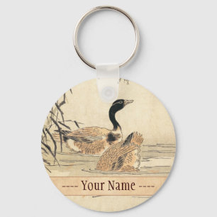 Pair of Geese with Camellias vintage japanese art Keychain