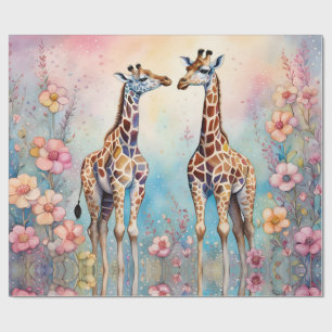 Pair of Giraffes in Love in a Pastel Garden Wrapping Paper