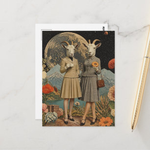 pair of goat ladies Surreal breakfast collage Postcard