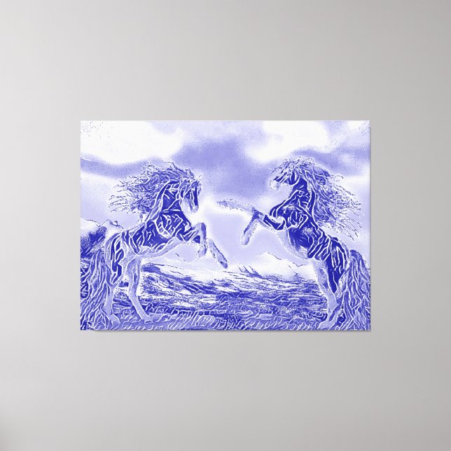 Pair Of Horses in Blue & White V3 Canvas Print (Front)