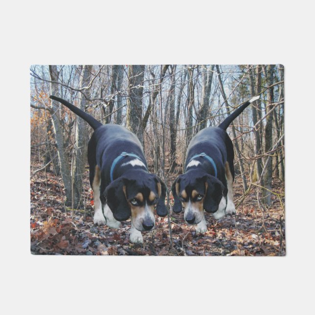 Pair of Hunting Beagles In The Woods Door Mat (Front)