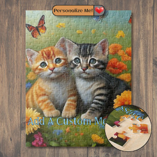 Pair of Kittens, Orange Flowers, Butterflies Jigsaw Puzzle
