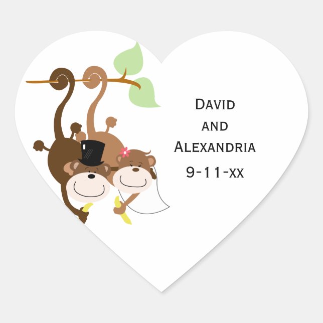 Pair of Monkeys in a Tree Wedding Bridal Favour Heart Sticker (Front)