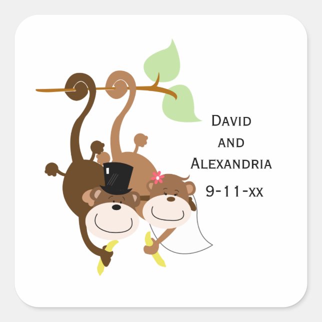 Pair of Monkeys in a Tree Wedding Bridal Favour Square Sticker (Front)