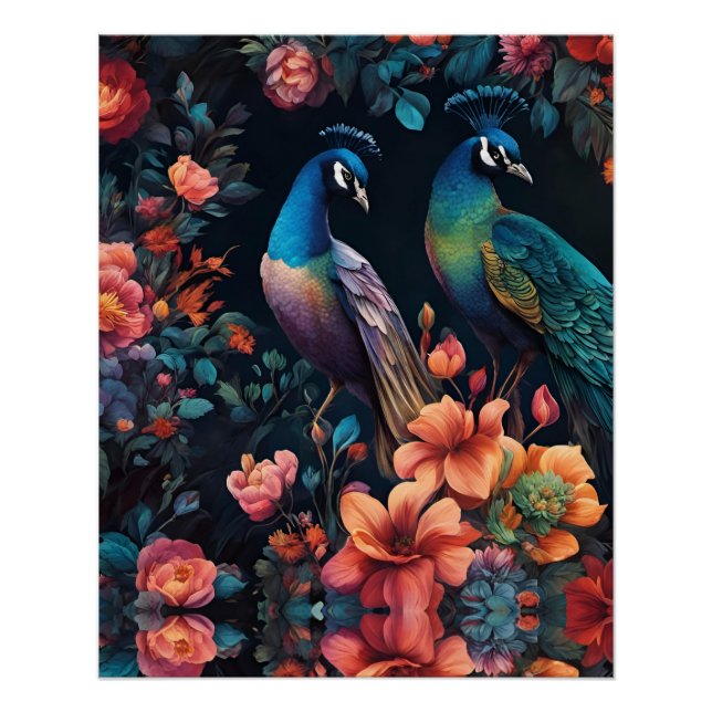 Pair of Peacocks In a Colourful Garden Poster (Front)