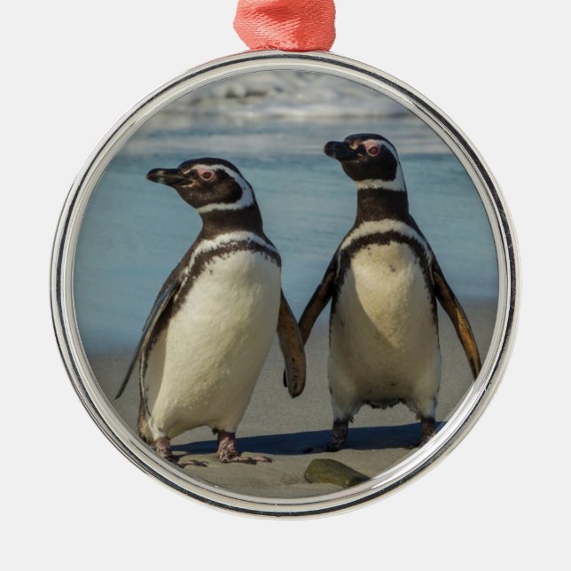 Pair of penguins on the beach metal ornament (Front)
