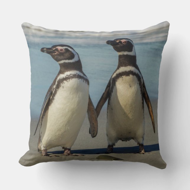 Pair of penguins on the beach throw pillow (Front)