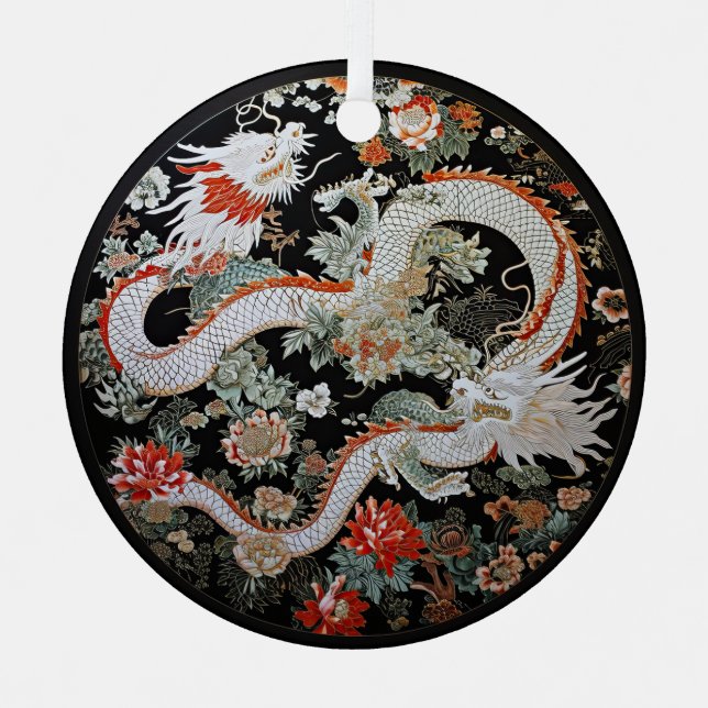 Pair of White Asian Dragons Metal Ornament (Front)