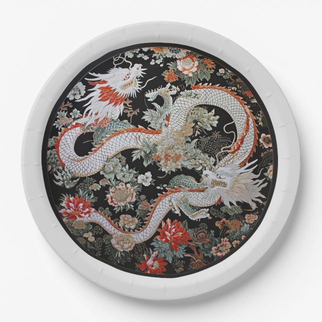 Pair of White Asian Dragons Paper Plate (Front)