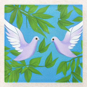Pair of White Doves Glass Coaster