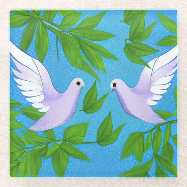 Pair of White Doves Glass Coaster (Front)