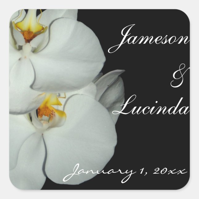 Pair of White Orchids Personalized Wedding Square Sticker (Front)